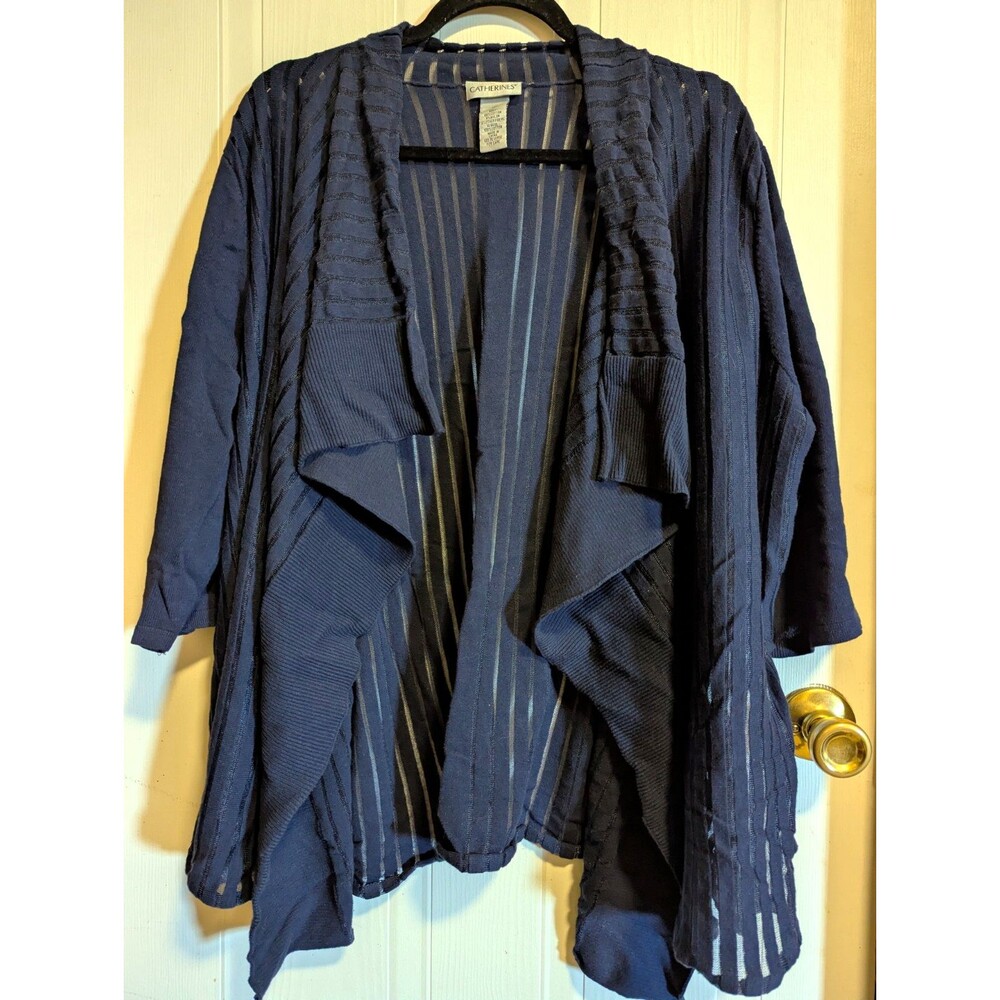 Catherines Women 1X Bl Sheer Striped Knit Open Front Ruffle 3/4 Sleeve Cardigan